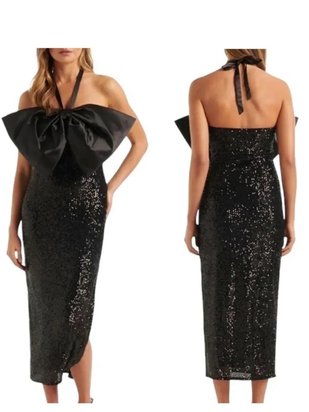 38. Ever New $200 Liana Bow Sequin Halter Midi Dress Black